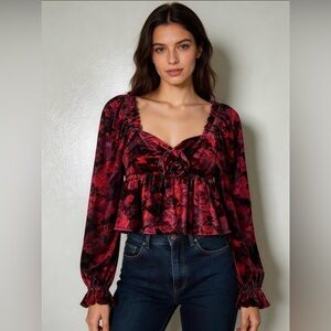 Chelsea & Violet Red Floral Velvet Peplum Blouse New Size L